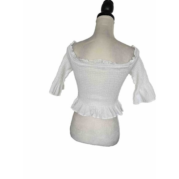 Moon River Peplum Style Smock Bustline White Crop Ruffle Neck Sz L Off Shoulder - Picture 5 of 8